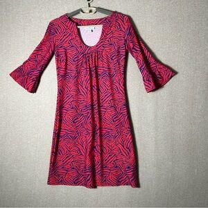 Jude Connally Dress Womens Small Red Navy Sheath Stretch 3/4 Bell Sleeves Resort
